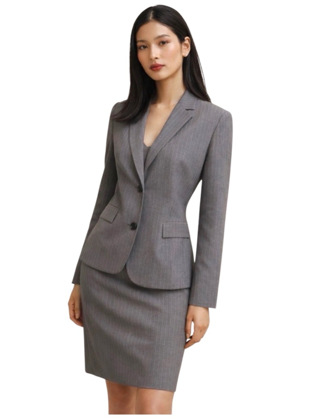 NWT 346 Brooks  Brothers Grey Pinstripe 2 Piece Pencil Skirt Blazer Suit (8/10P)